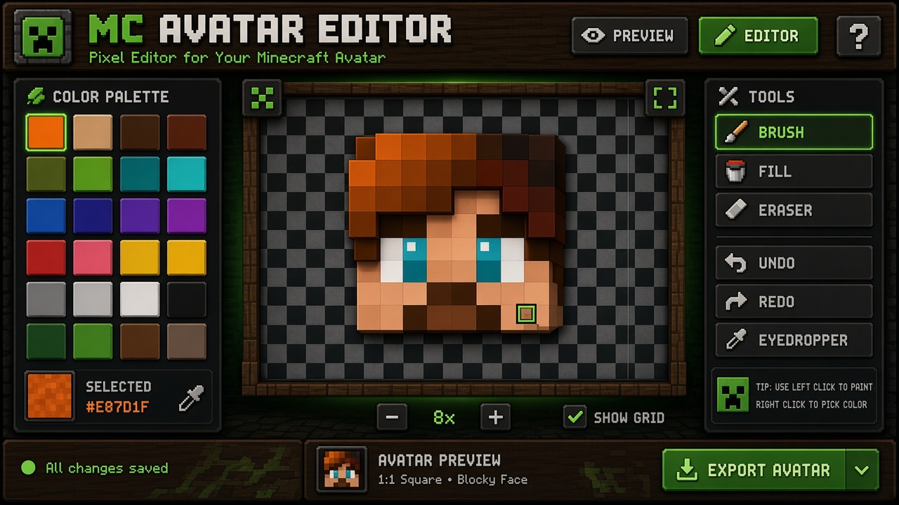 MC Avatar Editor interface with color palette, pixel canvas, and tools for Minecraft avatar painting