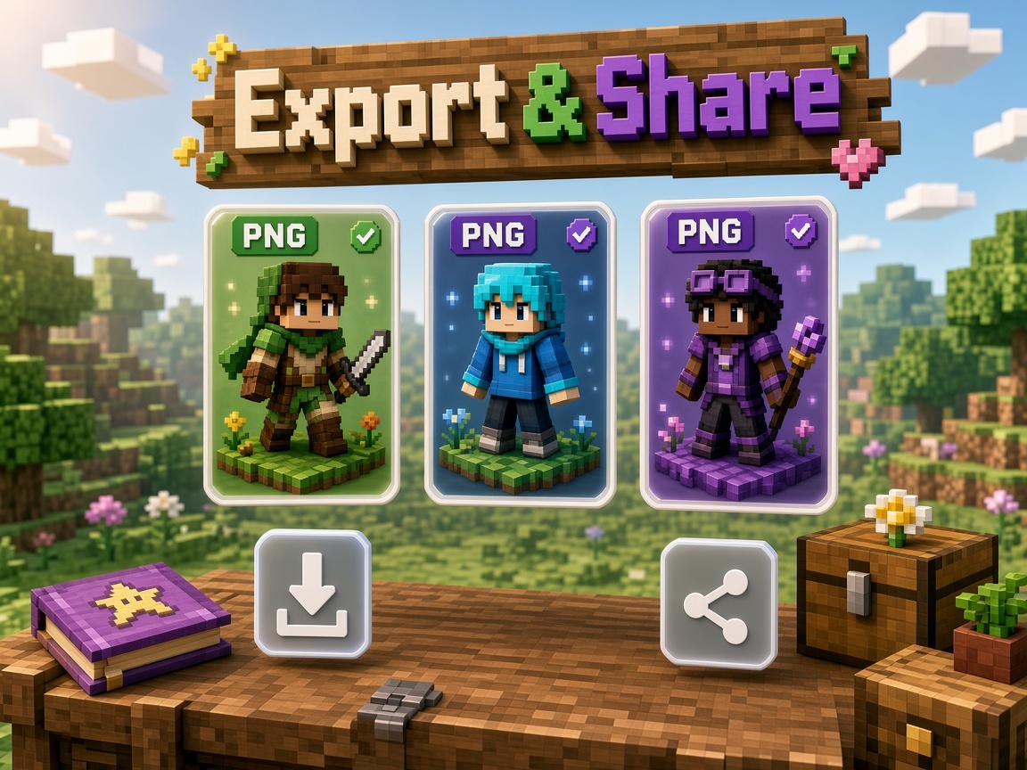 Three Minecraft-style avatar cards with PNG badges and download and share actions